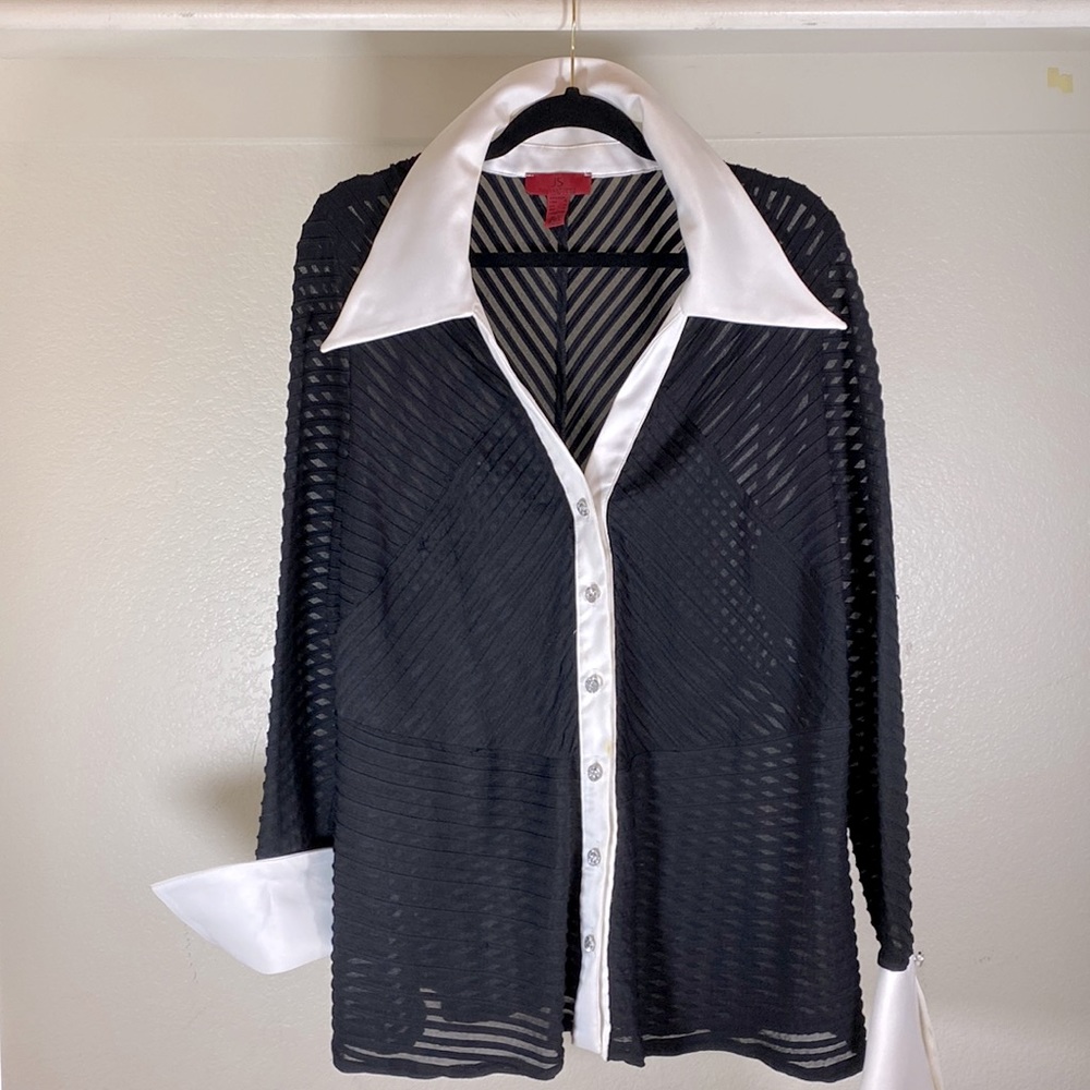 Sheer Black & White versatile Top cover day or eve with rhinestone accents.